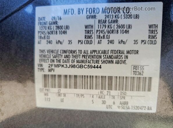 2FMPK3J98GBC59444 2016 FORD EDGE Charcoal Vista de la etiqueta del VIN