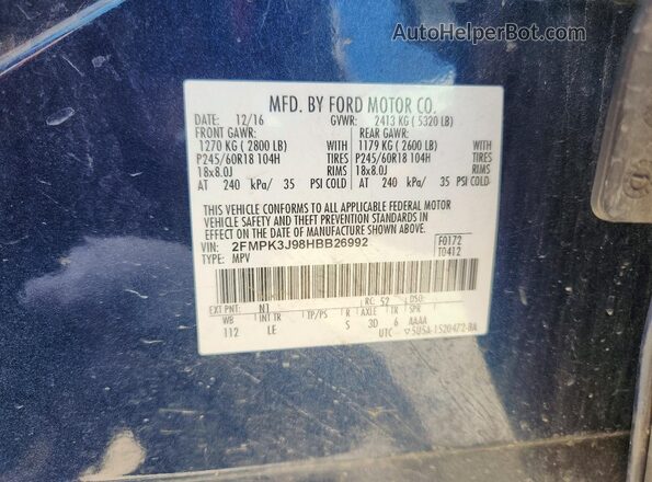 2FMPK3J98HBB26992 2017 FORD EDGE Blue VIN კოდის სტიკერის ხედი