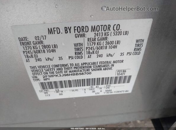2FMPK3J98HBB58700 2017 FORD EDGE Silver Շարժիչի բաժամունքի տեսք