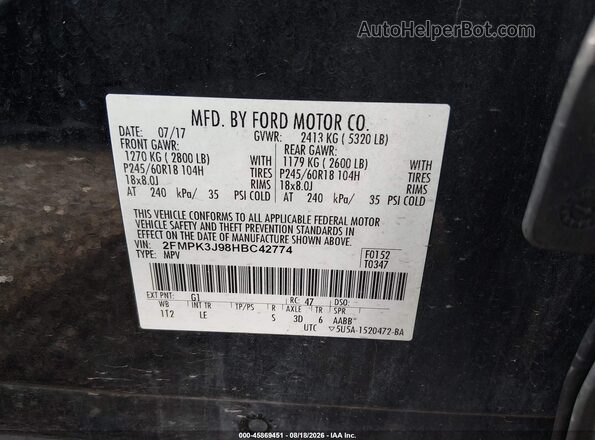 2FMPK3J98HBC42774 2017 FORD EDGE Black Vista del compartimento del motor