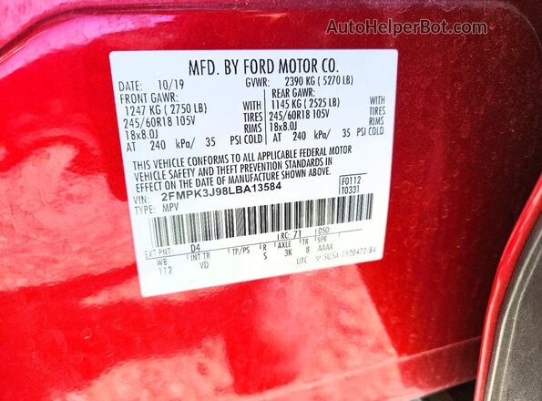 2FMPK3J98LBA13584 2020 FORD EDGE Red VIN կոդի պիտակի տեսք