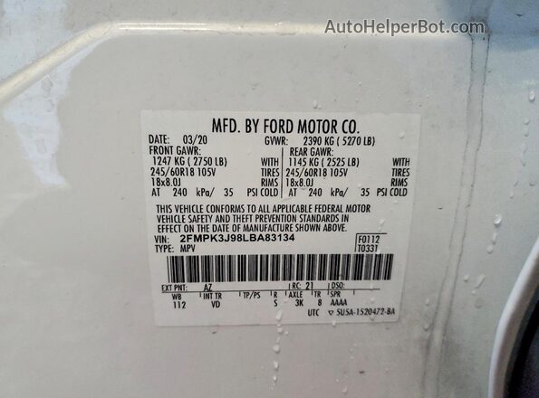 2FMPK3J98LBA83134 2020 FORD EDGE White სალონის 360-გრადუსიანი ხედი