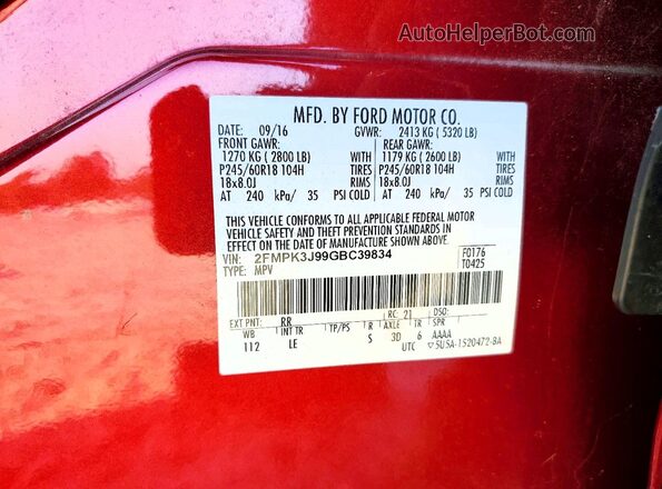 2FMPK3J99GBC39834 2016 FORD EDGE Red Widok naklejki z numerem VIN