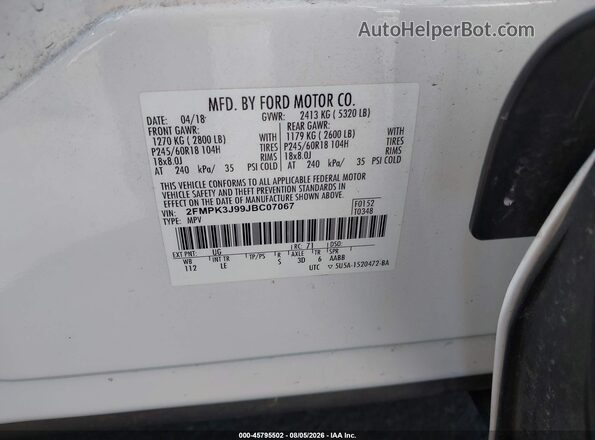 2FMPK3J99JBC07067 2018 FORD EDGE White Вид підкапотного простору