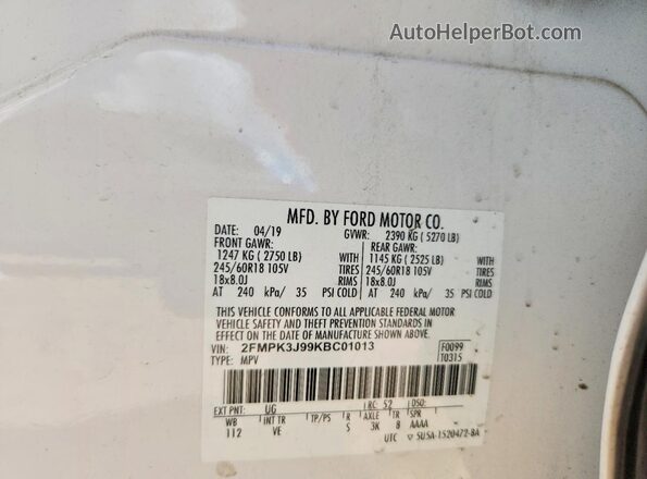 2FMPK3J99KBC01013 2019 FORD EDGE White Панорамний вид салону 360°