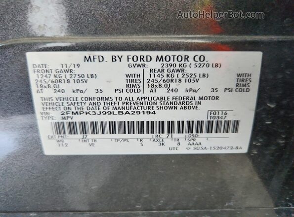 2FMPK3J99LBA29194 2020 FORD EDGE Gray VIN կոդի պիտակի տեսք