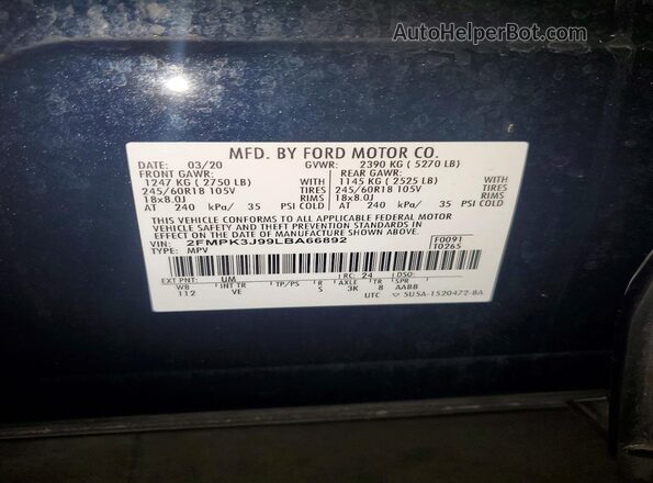 2FMPK3J99LBA66892 2020 FORD EDGE Black Vista del compartimento del motor
