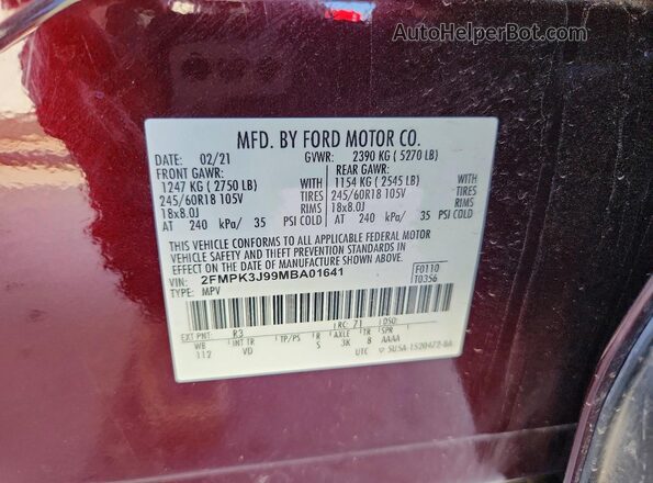 2FMPK3J99MBA01641 2021 FORD EDGE Темно-бордовый Вид подкапотного пространства
