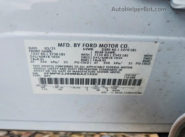 2FMPK3J99MBA21520 2021 FORD EDGE White Widok naklejki z numerem VIN