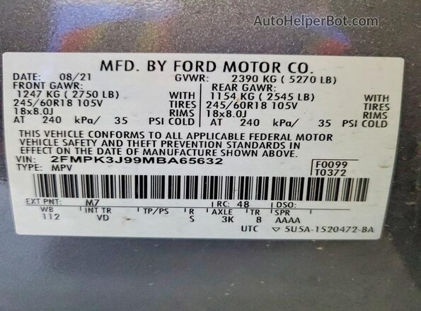 2FMPK3J99MBA65632 2021 FORD EDGE Gray Вид наклейки з VIN-кодом