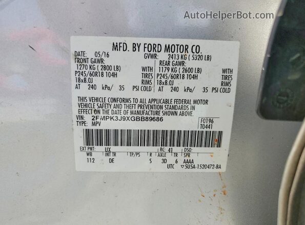 2FMPK3J9XGBB89686 2016 FORD EDGE Silver Widok naklejki z numerem VIN