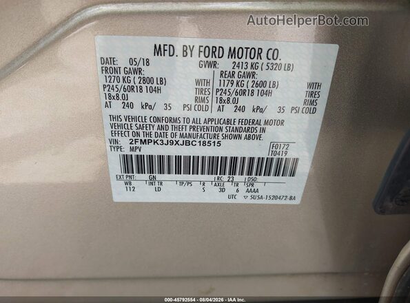 2FMPK3J9XJBC18515 2018 FORD EDGE Gold Widok komory silnika
