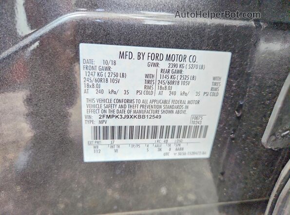 2FMPK3J9XKBB12549 2019 FORD EDGE Серый Панорамный вид салона 360°
