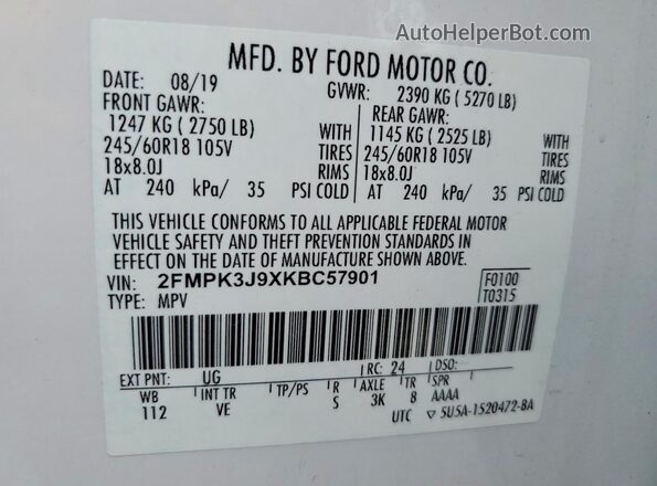 2FMPK3J9XKBC57901 2019 FORD EDGE White Панорамний вид салону 360°