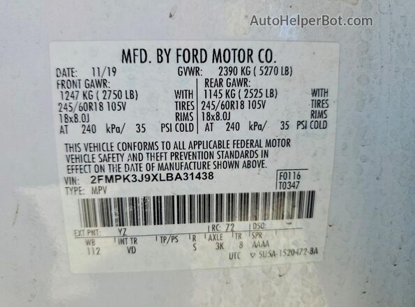 2FMPK3J9XLBA31438 2020 FORD EDGE White Vista de la etiqueta del VIN
