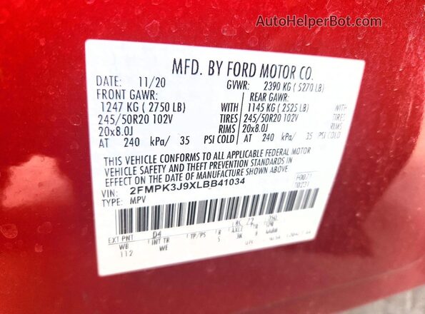 2FMPK3J9XLBB41034 2020 FORD EDGE Red Вид підкапотного простору