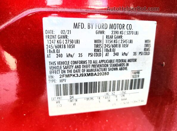 2FMPK3J9XMBA20280 2021 FORD EDGE Red Vista de la etiqueta del VIN
