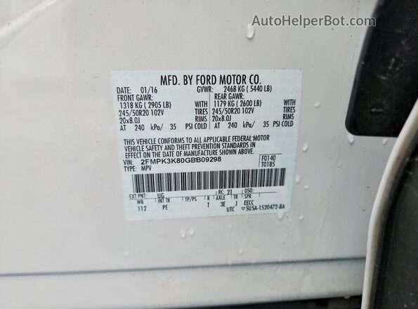 2FMPK3K80GBB09298 2016 FORD EDGE White Vista del compartimento del motor