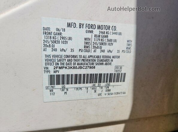 2FMPK3K80JBC27908 2018 FORD EDGE White Widok naklejki z numerem VIN
