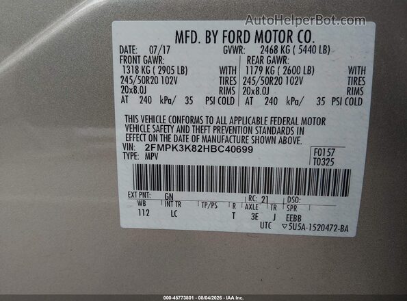 2FMPK3K82HBC40699 2017 FORD EDGE Champagne Շարժիչի բաժամունքի տեսք