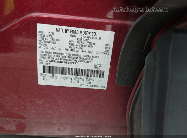 2FMPK3K82JBB72247 2018 FORD EDGE Burgundy Շարժիչի բաժամունքի տեսք