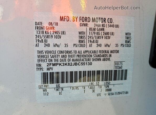 2FMPK3K82JBC55130 2018 FORD EDGE White Widok wnętrza 360 stopni