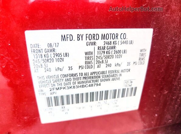 2FMPK3K83HBC48794 2017 FORD EDGE Red Vista de la etiqueta del VIN