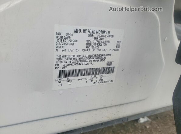 2FMPK3K84GBC37172 2016 FORD EDGE White VIN կոդի պիտակի տեսք