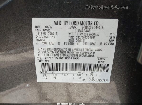 2FMPK3K87HBB79950 2017 FORD EDGE Gray Vista del compartimento del motor