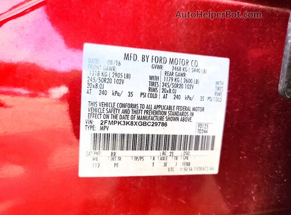 2FMPK3K8XGBC29786 2016 FORD EDGE Red VIN კოდის სტიკერის ხედი