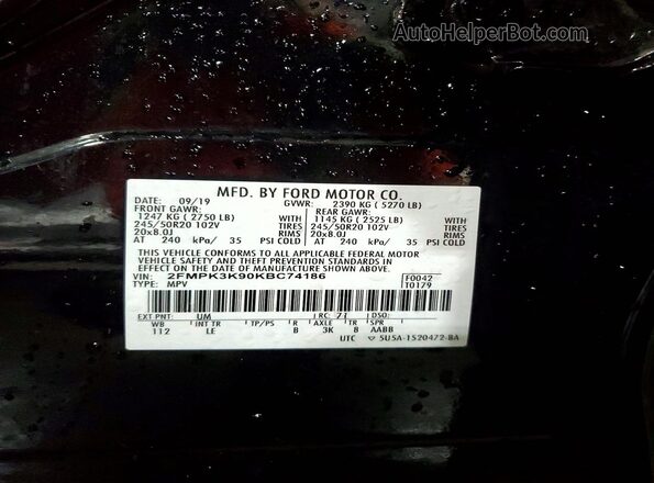 2FMPK3K90KBC74186 2019 FORD EDGE Black VIN sticker view