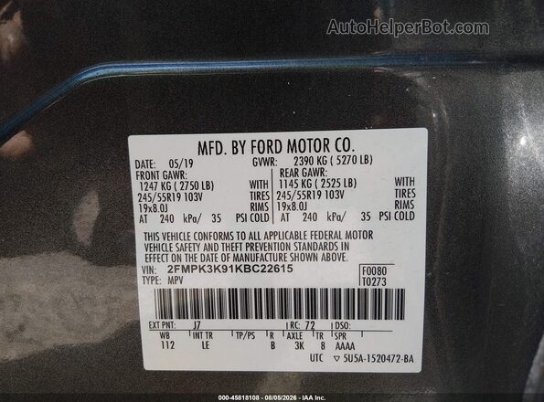2FMPK3K91KBC22615 2019 FORD EDGE Gray Вид підкапотного простору