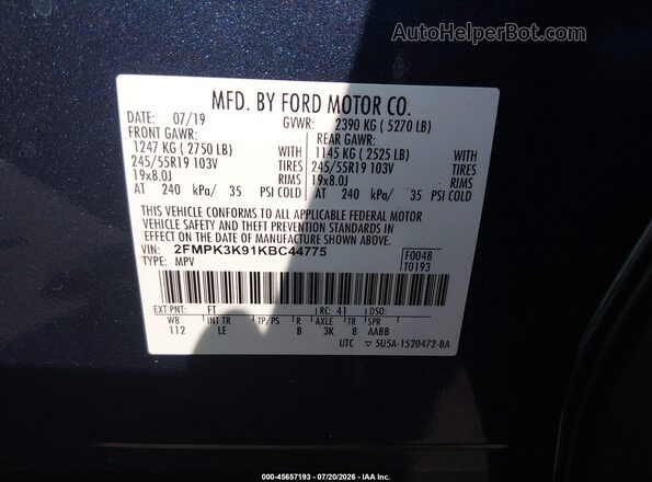 2FMPK3K91KBC44775 2019 FORD EDGE Blue Вид підкапотного простору