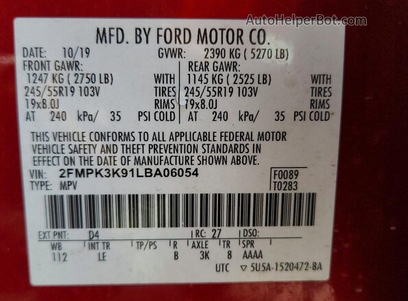 2FMPK3K91LBA06054 2020 FORD EDGE Red Вид наклейки з VIN-кодом