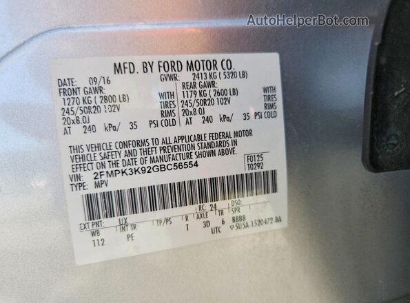 2FMPK3K92GBC56554 2016 FORD EDGE Gray Vista interior de 360 grados
