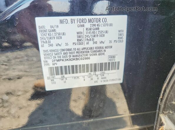 2FMPK3K92KBC02986 2019 FORD EDGE Black Вид наклейки з VIN-кодом