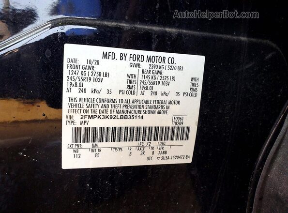 2FMPK3K92LBB35114 2020 FORD EDGE Black ძრავის განყოფილების ხედი