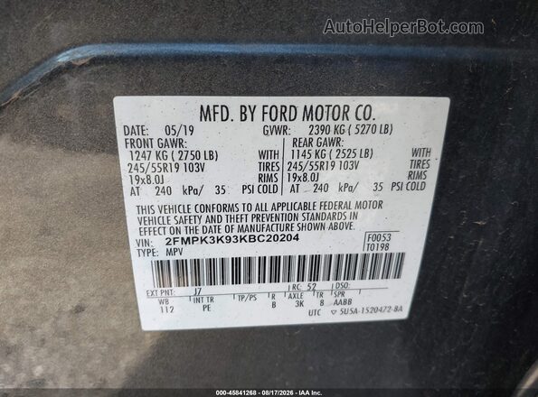 2FMPK3K93KBC20204 2019 FORD EDGE Gray Engine compartment view