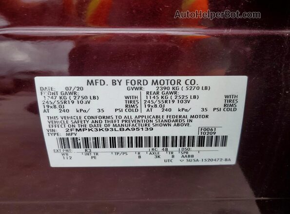 2FMPK3K93LBA95139 2020 FORD EDGE Burgundy Вид наклейки з VIN-кодом