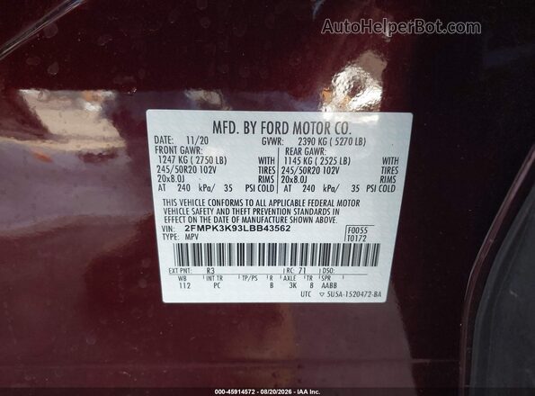 2FMPK3K93LBB43562 2020 FORD EDGE Maroon Вид підкапотного простору