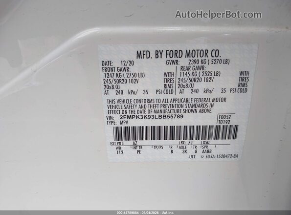 2FMPK3K93LBB55789 2020 FORD EDGE White Вид підкапотного простору