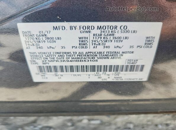 2FMPK3K94HBB53105 2017 FORD EDGE Gray Widok naklejki z numerem VIN