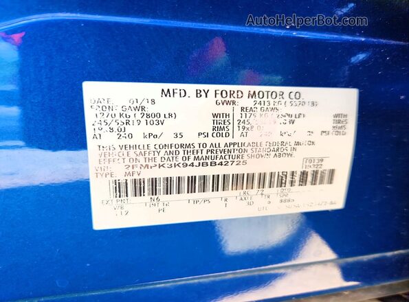 2FMPK3K94JBB42725 2018 FORD EDGE Blue VIN կոդի պիտակի տեսք