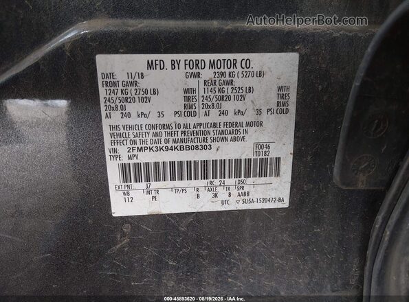 2FMPK3K94KBB08303 2019 FORD EDGE Gray ძრავის განყოფილების ხედი