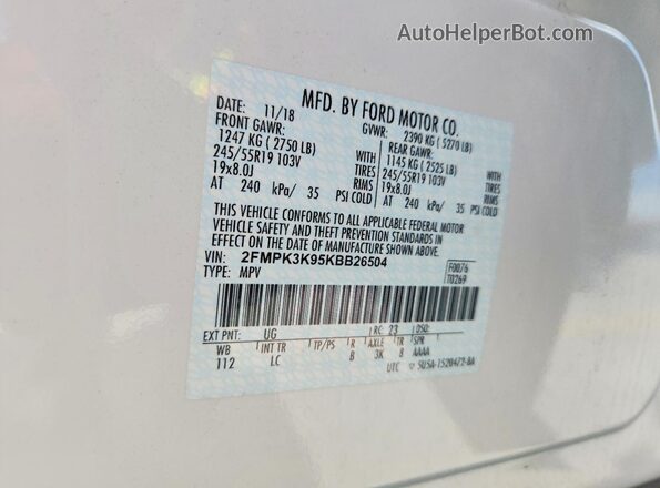 2FMPK3K95KBB26504 2019 FORD EDGE White VIN կոդի պիտակի տեսք