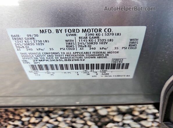 2FMPK3K95LBB29632 2020 FORD EDGE Gray VIN sticker view