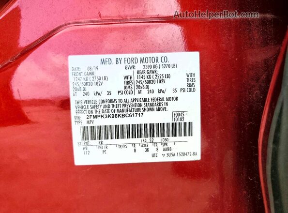 2FMPK3K96KBC61717 2019 FORD EDGE Red VIN կոդի պիտակի տեսք