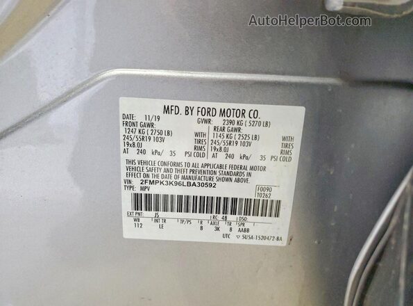 2FMPK3K96LBA30592 2020 FORD EDGE Silver VIN կոդի պիտակի տեսք