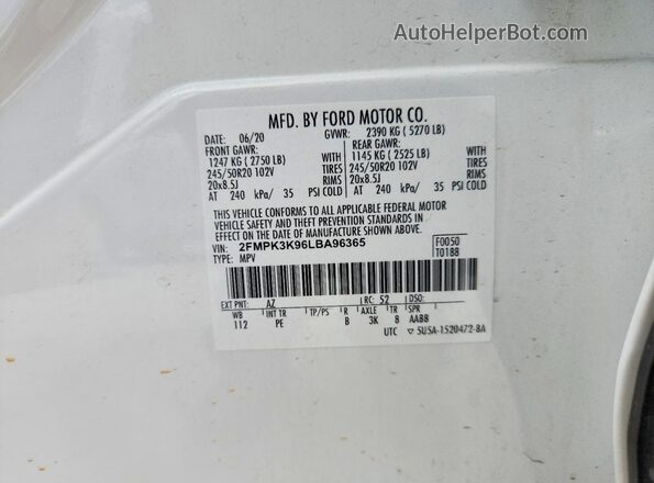 2FMPK3K96LBA96365 2020 FORD EDGE White Панорамний вид салону 360°