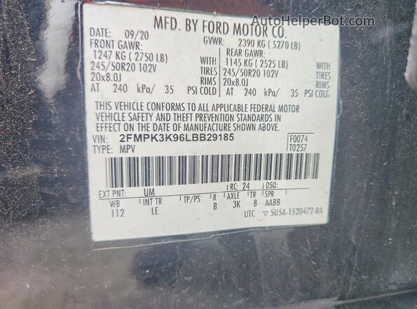 2FMPK3K96LBB29185 2020 FORD EDGE Black 360 interior view